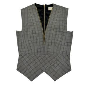 Michelle Mason Top Gray Plaid Sleeveless Deep V Neckline Gold Zipper size 6